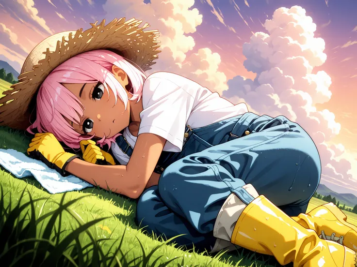 1 girl,solo,beautiful japanese,girl,cute,kawaii,black eyes,tanned skin,pink hair,short hair,masterpiece,general,highres, ultra-detailed,very aesthetic,best quality ,best hands,best eyes,perfect anatomy,anime coloring,newest,easynegative,BREAK,overalls,snea...