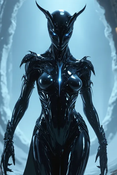 A sleek and powerful female alien warrior made of translucent obsidian glass, with smooth, fluid contours and sharp, horned helmet. Reflective surface with subtle inner light, like liquid metal or black crystal. Hyperrealistic detail, sci-fi surreal aesthe...
