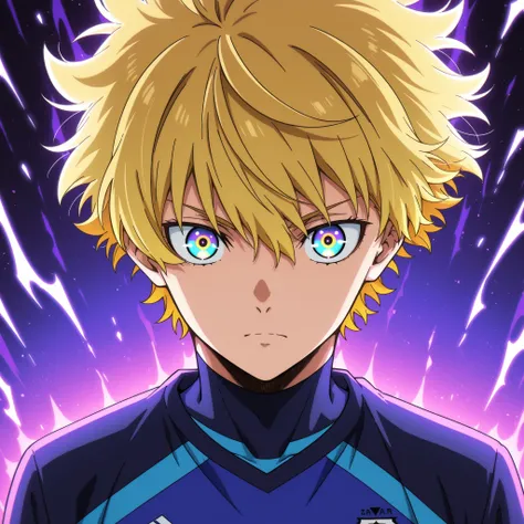 blue_lock_style,anime boy, soccer uniform , blond hair ,Golden highlights, multicolored eyes , aura  Hollow Purple