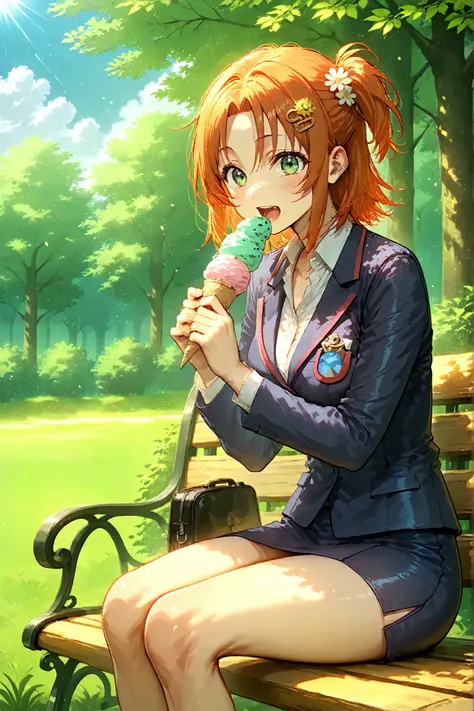girl guide,tour guide uniform, on the bench, orange hair collected,Bright green eyes, eats Ice Cream ,High detail,4K,photorealistic,HDR,studio lighting, Sharp focus ,deep field,bright rich colors,hips,in nature,summer day,sunlight, green grass ,blue sky wi...
