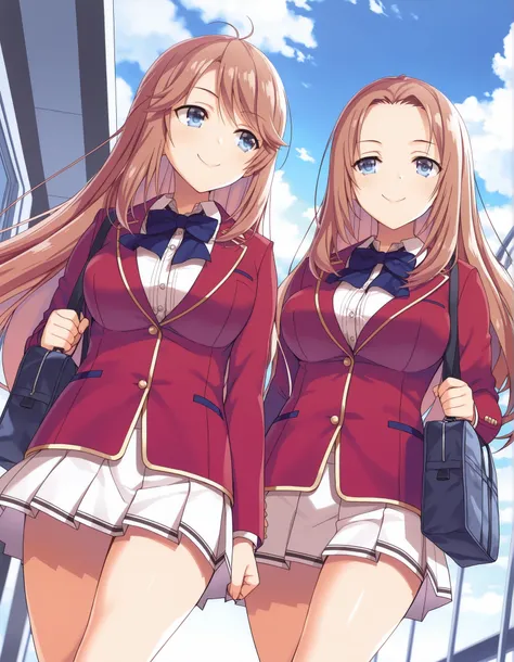  
 masterpiece, best quality, very detailed, , masterpiece, best quality,2 girls ,pair girls, walking ,side by side ,cowboy shot,  Official Illustration , Hasebe Haruka ,Sakura Airi ,red blazer , pleated skirt ,white skirt , white lace shirt ,blue bowtie ,...