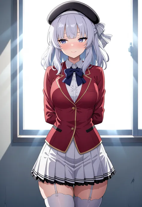  1girl, sakayanagi arisu, school uniform,, best quality, masterpiece, high quality,  highres, absurdres ,cowboy shot, walking ,morning ,glossy lips ,blushing , closed mouth ,large breast, arms behind back