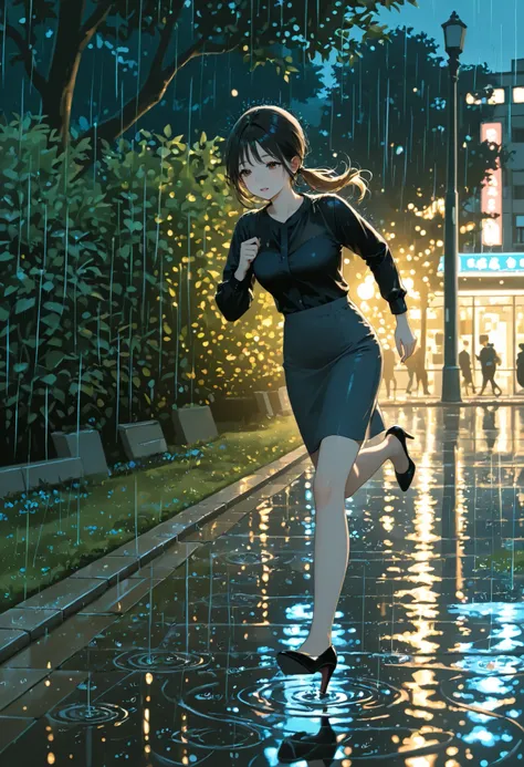 Paporama,ponytail,office lady, black shirt,high heels,clear makeup, ,running,park,rainy,night