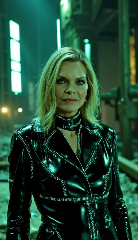 Michelle Pfeiffer hyperrealistic in green and black in 20k Cyberpunk Tower Destroyed
Interior of a broken skyscraper, telas piscando, loose cables and sparks in the dark.At 20k deep in the image