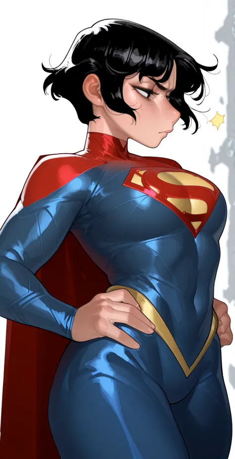 (yoneyama mai:0.8)，(watercolor art)，realistic,(anime lines:0.7), materpiece,amazing quality, high quality,best quality, very awa, highres, absurdres,uncensored,very aesthetic,BREAK, Supergirl (DC), solo, 1girl, SupergirlTFXL, black eyes, black hair, short ...