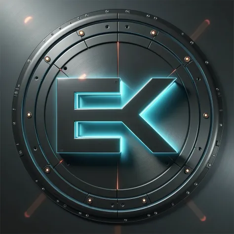 YouTube avatar logo in experimental cyberpunk style. Circular design with polished steel edge and dark metallic details.  The text  "EK " in capital letters, with minimalist and futuristic typography, adapted to the internal curvature of the circumference ...