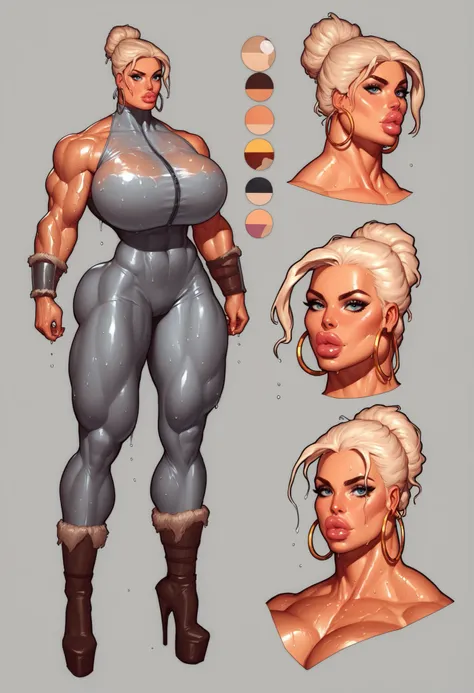 Muscular woman,muscular arms,Strong shoulders,muscular legs,barbarian,long leges,big hoop earrings,Barbarian Woman,big earrings,wet hairstyle,Bimbo,beatiful face,pouty lips,Huge-breasts,,hoop on his head,tight suit,Fur hood,semi-open large breasts,characte...