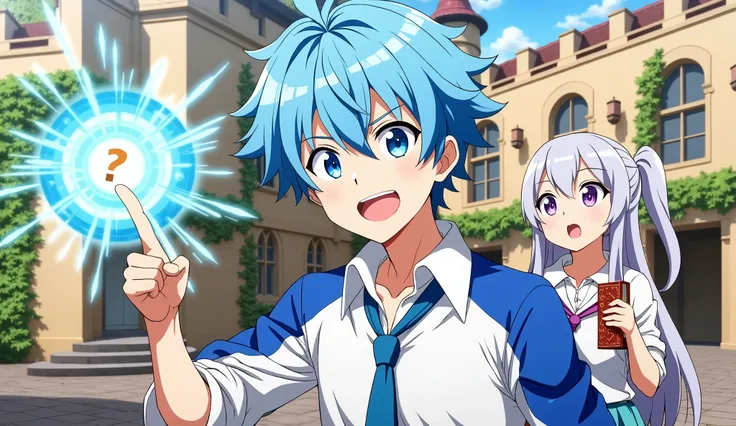 Create an anime-style scene set in a magical academy courtyard during the bright afternoon. In the center, a cheerful blue-haired boy with glowing sky-blue eyes confidently casts a powerful magic spell — a brilliant blue energy orb forming at his fingertip...