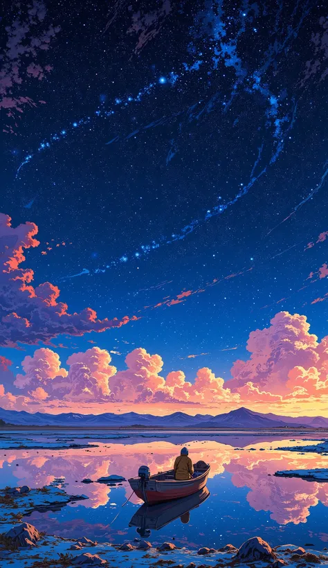 paints a simple picture in Tintin Pixie style , night空に星がある大きな水域の中の小さな少女, In Salar de Uyuni, Incredible Reflections del cielo, Incredible Reflections , Beautiful reflection, Impressive Pictures , Grand and Impressive , anime beautiful peace sce...