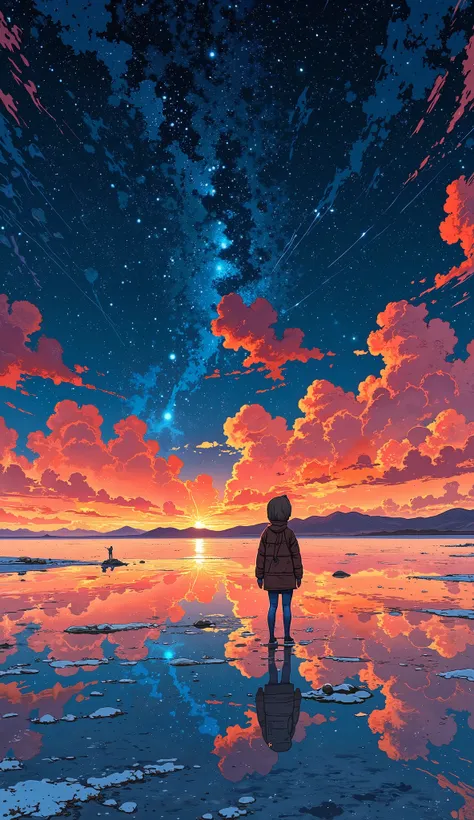 paints a simple picture in Tintin Pixie style , night空に星がある大きな水域の中の小さな少女, In Salar de Uyuni, Incredible Reflections del cielo, Incredible Reflections , Beautiful reflection, Impressive Pictures , Grand and Impressive , anime beautiful peace sce...