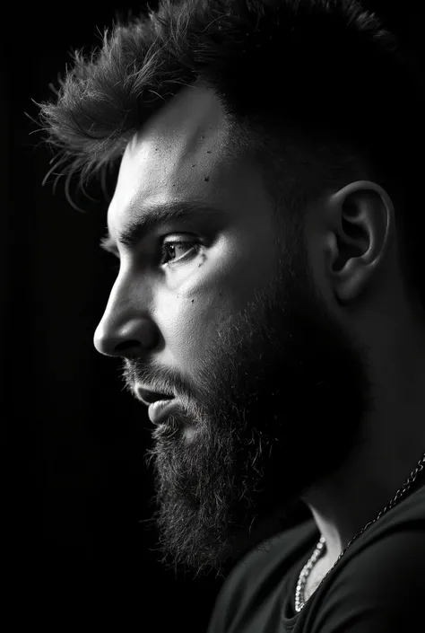 Create a high-contrast black-and-white close-up portrait of a man resembling the avatar of pavel89ru. The man should have a rugged, tough expression, with noticeable facial hair, scars, and a strong jawline. His face should be shown in profile, with dramat...