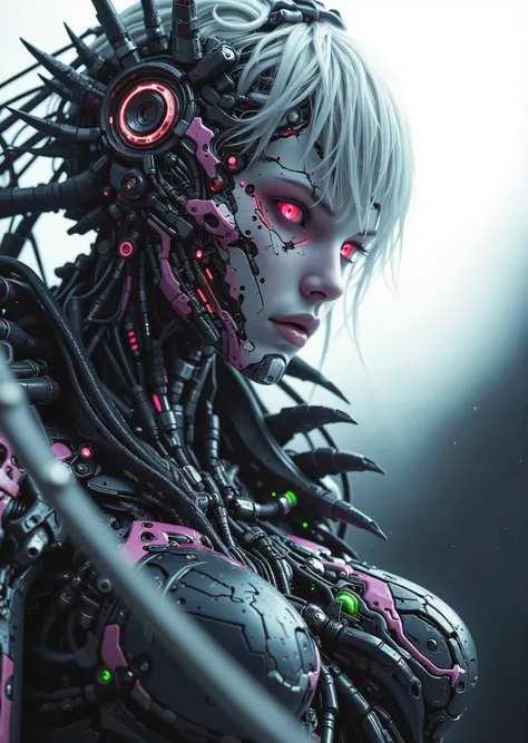 Front-facing cyberpunk female cyborg with glowing red eyes and pale porcelain skin. Right side of her face is cracked open in an organic, jagged shape, revealing sharp biomechanical teeth-like structures and dark inner circuitry. The broken area follows a ...