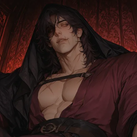 scar on mouth,dark shades, fantasy clothing, in the background is a wall with maroon wallpaper,Super-detailed view from below, HDR, High Definition, One, 1 man,  yellow eyes, (factory with a detailed beautiful face and eyes), dark hair, wolf cut, dishevele...