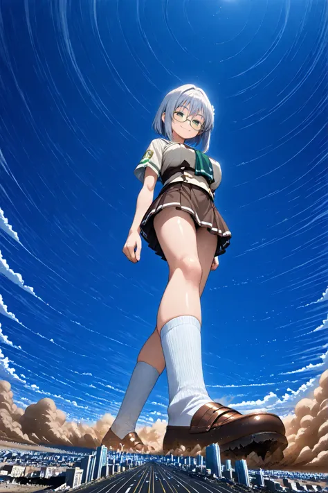 (blue shorthair sitting on the ground), 1girl, solo, very super big boobs, A woman's moisturized body, beautiful skin, Rin々Shikumo has a cute smile, Smile, (((yotta over size giantess:1.2))), ((Ultra-tiny city, collapsing city, Dust cloud)), Outdoors(from ...