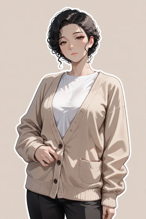 (masterpiece), best quality, expressive eyes, perfect face,1 man, young man, short hairs, black hairs, brown eyes, looking at viewer, cowboy shot, (( white t shirt, light brown cardigan, black formal pants, mature)), ((black hairs, very short curly hair, b...