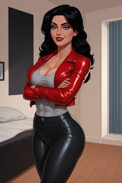  BREAK, score_6_up, score_7_up, score_8_up, score_9,  Donna Troy, 1girl, solo, lipstick, makeup, long hair, black hair, blue eyes, looking at viewer, smiling, seductive expression, bedroom eyes, large breasts, cleavage, curvy, athletic, red leather jacket,...