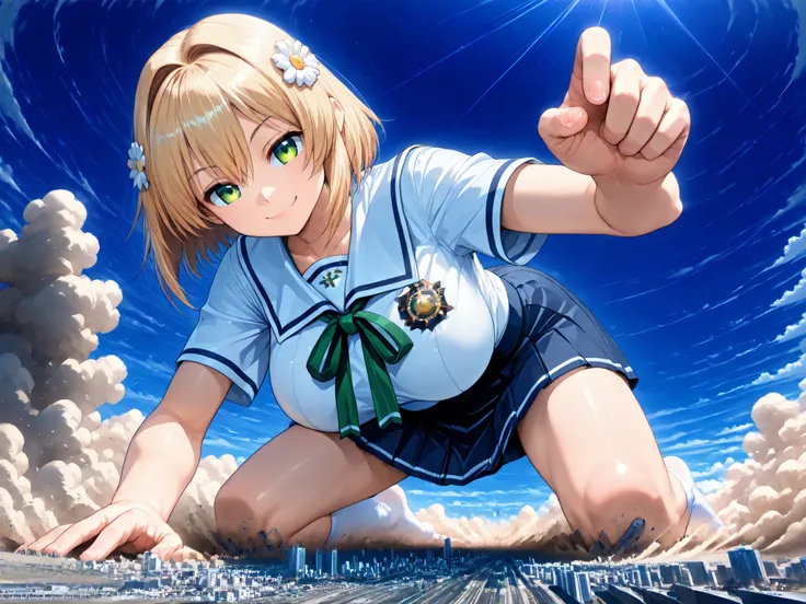 ((Kneeling on the ground closest to thighs)), 1girl, solo, (very super big boobs, A woman's moisturized body, beautiful skin, Rin々Shikumo has a cute smile, Smile), (((super yotta over size giantess:1.3))), ((Ultra-tiny city, collapsing city, Dust cloud)), ...