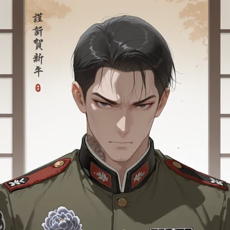 masterpiece, best quality, very aesthetic, newest, absurdres, highres, yuyuhuadiao, 1boy, solo, short hair, male focus, black hair, portrait, military uniform, looking at viewer, tattoo, very highly detailed face, japanese style, japanese style background,...