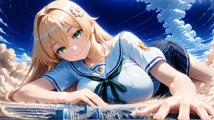((Closest to a super giant lying on the ground)), 1girl, solo, (very super big boobs, A woman's moisturized body, beautiful skin, Rin々Shikumo has a cute smile, Smile), (((super yotta over size giantess:1.3))), ((Ultra-tiny city, collapsing city, Dust cloud...