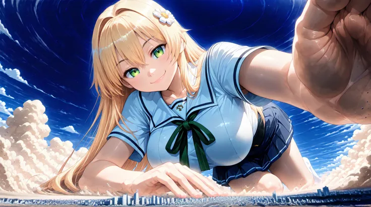 ((Closest to a super giant lying on the ground)), 1girl, solo, (very super big boobs, A woman's moisturized body, beautiful skin, Rin々Shikumo has a cute smile, Smile), (((super yotta over size giantess:1.4))), ((Ultra-tiny city, collapsing city, Dust cloud...