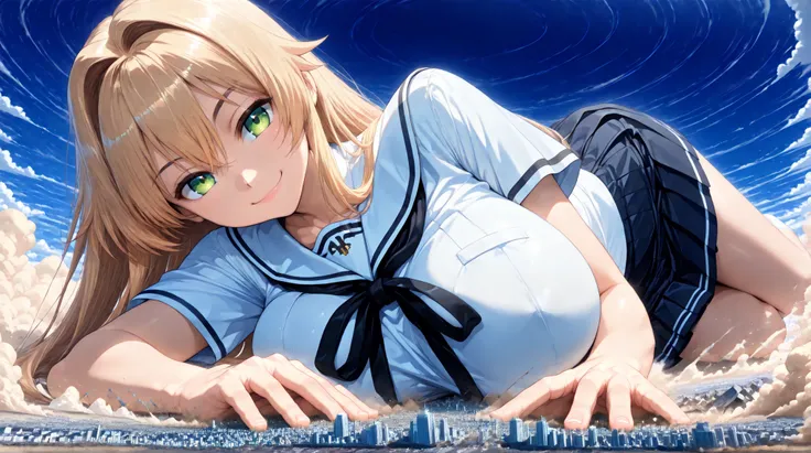 ((Closest to a super giant lying on the ground)), 1girl, solo, (very super big boobs, A woman's moisturized body, beautiful skin, Rin々Shikumo has a cute smile, Smile), (((super yotta over size giantess:1.4))), ((Ultra-tiny city, collapsing city, Dust cloud...