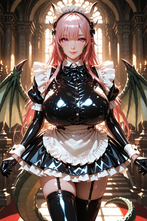 dragon girl, solo, wings, dragon tail, horns, long pink hair, straight bangs, perfect skin,vertical deep  decollete,  touches her work,pretty smile, high-quality lighting, many cute children, huge breasts, massive breasts,  shiny latex maid costume, maid c...