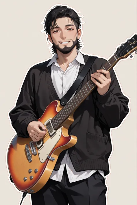 (masterpiece), best quality, expressive eyes, perfect face,1 man, young man, short hairs, black hairs, brown eyes, looking at viewer, cowboy shot, (( white shirt, black cardigan, black formal pants, mature, beard, smiling, holding a guitar)), ((black hairs...