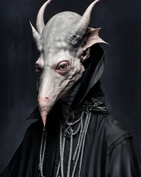 Hyperrealistic Nosferatu inspired, photography, trendy close up, Making an impossible move, perspective, dark background, strange, dead animals in a Gothic castle, leather, extreme and sinister fetish, straps and zippers, fetishist, sadomasochism, Extremel...