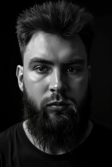 Create a high-contrast black-and-white close-up portrait of a man resembling the avatar of pavel89ru. The man should have a rugged, intense expression, with noticeable facial hair, scars, and a strong jawline. The portrait should show only the right half o...