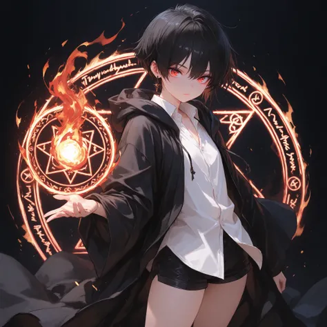 ((Best Quality)), ((masterpieces)), (detailed), perfect face, SOLO, ((((TOMGIRL)))), FEMBOY, ANIME, beautiful detailed eyes, BOB hair, BOBBED hair, BLACK hair, RED EYES, expressionless, hooded, Magical Eyes, dark background, dress shirt, BLACK Hooded robe,...
