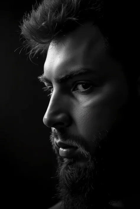 Create a high-quality black-and-white close-up portrait of a man resembling the avatar of pavel89ru. The man should have a stern, intense expression, noticeable facial hair, and a strong jawline. Only the right half of his face should be shown, illuminated...