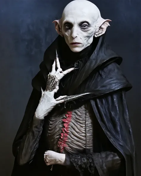 Hyperrealistic Nosferatu inspired, photography, trendy close up, making a move comforting your in your arms, Cries a lot, perspective, dark background, strange, dead animals in a Gothic castle, leather, extreme and sinister fetish, straps and zippers, fet...