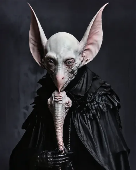 Hyperrealistic Nosferatu inspired, photography, trendy close up, making a move comforting your in your arms, Cries a lot, perspective, dark background, strange, dead animals in a Gothic castle, leather, extreme and sinister fetish, straps and zippers, fet...