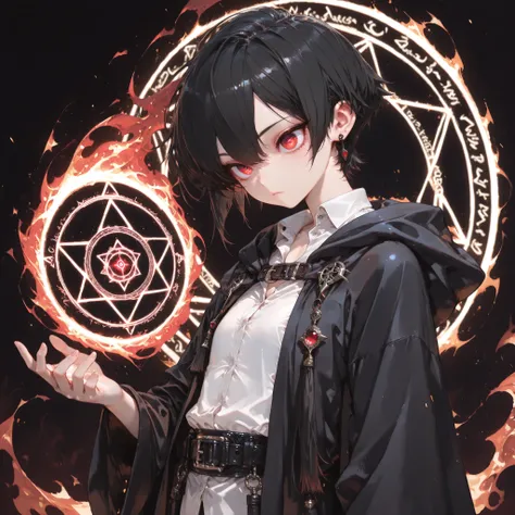 ((Best Quality)), ((masterpieces)), (detailed), perfect face, SOLO, ((((TOMGIRL)))), FEMBOY, ANIME, beautiful detailed eyes, BOB hair, BOBBED hair, BLACK hair, RED EYES, expressionless, hooded, Magical Eyes, dark background, dress shirt, BLACK Hooded robe,...