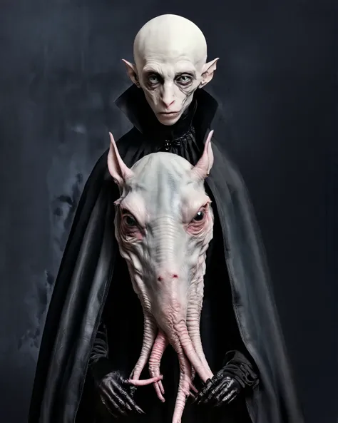 Hyperrealistic Nosferatu inspired, photography, trendy close up, Making an impossible move, perspective, dark background, strange, dead animals in a Gothic castle, leather, extreme and sinister fetish, straps and zippers, fetishist, sadomasochism, Extremel...