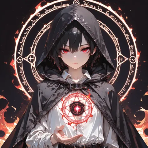 ((Best Quality)), ((masterpieces)), (detailed), perfect face, SOLO, ((((TOMGIRL)))), FEMBOY, ANIME, beautiful detailed eyes, BOB hair, BLACK hair, RED EYES, expressionless, hooded, Magical Eyes, dark background, ((BLACK hooded cloak)), ((flat chest)), magi...