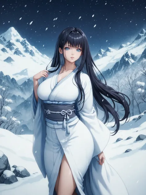 Best quality, extreme details, anatomically correct, young woman standing alone in the snow, Hitomi Tanaka, Yuki-onna, long hair, sexy, erotic, wearing white sexy kimono with low neckline, Japanese mountains, snow, stones, rocks, dark forest, night, snowst...