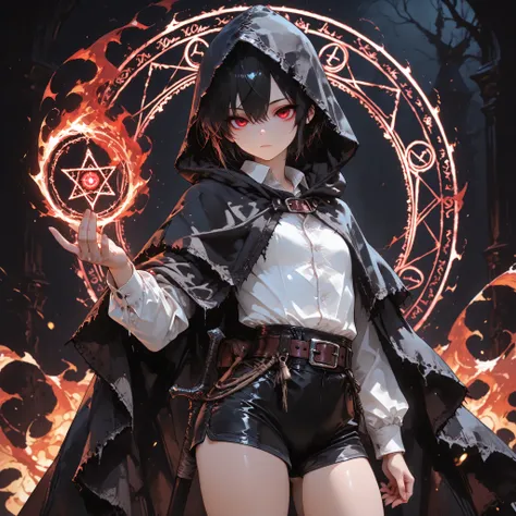 ((Best Quality)), ((masterpieces)), (detailed), perfect face, SOLO, ((((TOMGIRL)))), FEMBOY, ANIME, beautiful detailed eyes, BOB hair, BLACK hair, RED EYES, expressionless, hooded, Magical Eyes, dark background, ((BLACK hooded cloak)), ((flat chest)), magi...