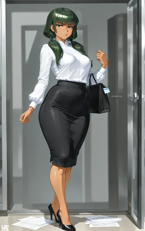 Curvy adult woman with medium breasts, tanned cheekbones , dark olive green hair, smooth and thick , bob style with straight bangs, two low pigtails and a visible stiff. She wears formal office clothes: tight blouse , pencil skirt or dress pants, and mod...