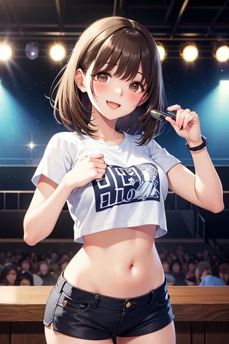 (beautiful girl : 1.3),1 ,(white crop t-shirt,belly button、black hotpants),Smile Yang,embarrassing,blush,closes her eyes, song,screaming,electric guitar,musical note mark,Particles of Light,live venue,audience,cheers,speaker,Play a very close dynamic angle,masterpiece,top quality,rich contrasts,High precision in selection,8k,High precision in selection CG Unit Wallpaper,Textures,unbelievably absurd,RAW images,deep border 1  .2,very detailed
、
.


,,,,
.

.


.
.


, ...

.
.
、, 


,( masterpiece, best quality, high resolution, ultra high resolution, pixel perfect, depth of field, 4K, RTTX10.0),
、Anegasaki Nene, shiny brown hair, beautiful brown eyes, smiling face, sparkling pupils, (fine grain), , highly detailed face,, (masterpiece:1.2, best quality), ((only1 girl)), ((cowboy shot))