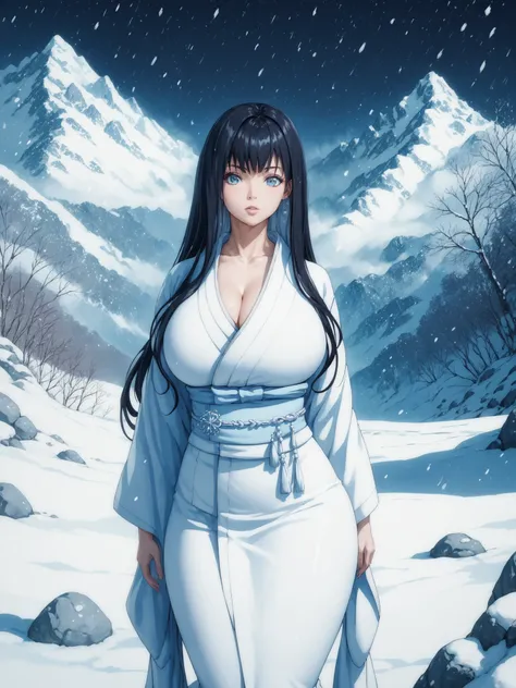 Best quality, extreme details, anatomically correct, young woman standing alone in the snow, Hitomi Tanaka, Yuki-onna, long hair, sexy, erotic, wearing white sexy kimono with low neckline, Japanese mountains, snow, stones, rocks, dark forest, night, snowst...