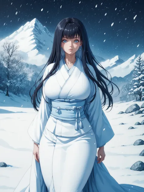 Best quality, extreme details, anatomically correct, young woman standing alone in the snow, Hitomi Tanaka, Yuki-onna, long hair, sexy, erotic, wearing white sexy kimono with low neckline, Japanese mountains, snow, stones, rocks, dark forest, night, snowst...