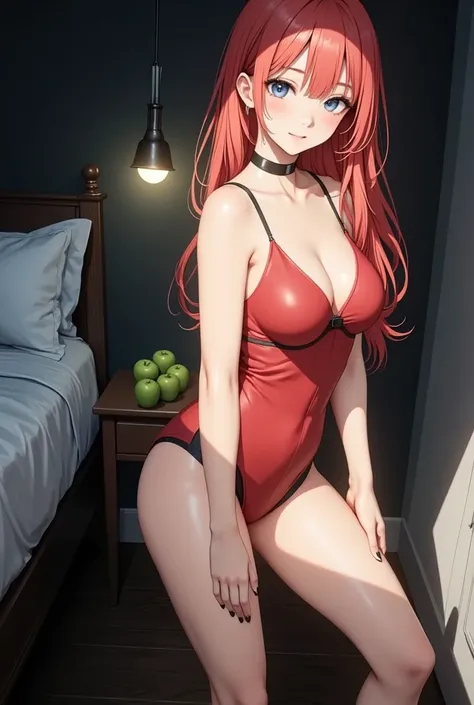  (masterpiece,  computer, mejor quality,  Clear focus, shadow, anime-style, ultra high resolution, 8K, perfect anatomy, rostro perfecto, (detailed face), (  Detailed eye  ), score_9, score_8_above, score_7_above, score_6_above, score_5_above, score_4_above,  source _animated, Label 1, Label2, quality_masterpiece, Anatomically correct, beautiful face, rostro perfecto, Beautiful and highly detailed face and eyes, Attractive face, detailed face, delicate facial features, detailed skin, huge breasts, breast size cup D or DD, black leather, gigantic butt, thick thighs. looking at the viewer. Anime-style illustration of a beautiful woman with an elegant and sensual look. An anime girl with long red hair wearing a red outfit. She is standing in a room with a bed and a nightstand with green apples. The background is dimly lit with a modern lamp on the wall.