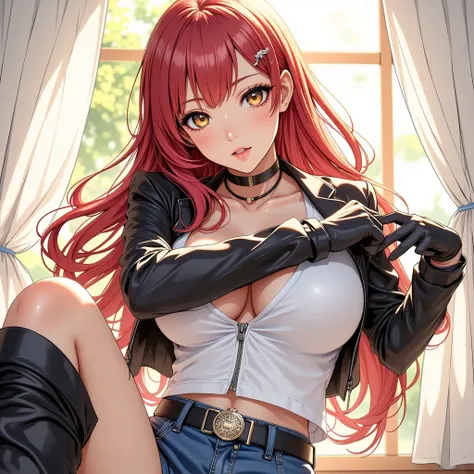  (masterpiece,  computer, mejor quality,  Clear focus, shadow, anime-style, ultra high resolution, 8K, perfect anatomy, rostro perfecto, (detailed face), (  Detailed eye  ), score_9, score_8_above, score_7_above, score_6_above, score_5_above, score_4_above,  source _animated, Label 1, Label2, quality_masterpiece, Anatomically correct, beautiful face, rostro perfecto, Beautiful and highly detailed face and eyes, Attractive face, detailed face, delicate facial features, detailed skin, huge breasts, breast size cup D or DD, black leather, gigantic butt, thick thighs. looking at the viewer. Anime-style illustration of a beautiful woman with an elegant and sensual look. An anime girl with long red hair and amber eyes. She wears a tight outfit consisting of a black leather jacket, a white t-shirt with zip, denim shorts with a black belt and black gloves. The background shows a window, that suggests a bright and sunny environment, while attached to a curtain. The character has a confident and playful expression.