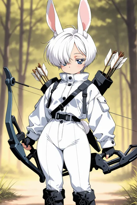(masterpiece, detailed:1.2), 1990s (style), 1girl, animal ears, animal tail, arrows, black boots, blue eyes, boots, bow (weapon), bow on back, buttons, closed jacket, colored eyelashes, compound bow, cross-laced footwear, eyelashes, film grain, hair over o...