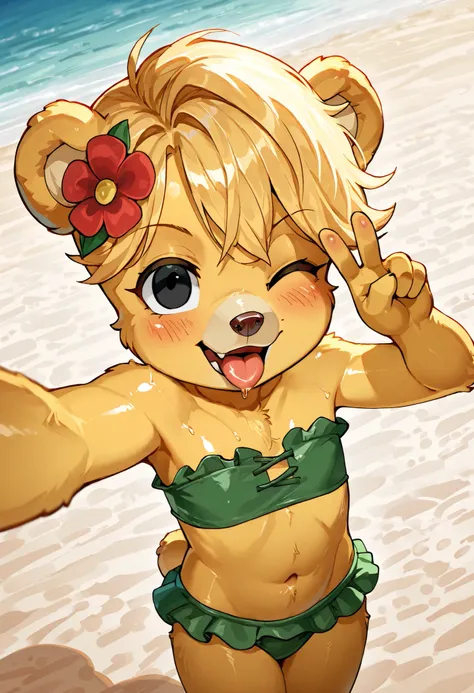 score_9, score_8_up, score_7_up, (masterpiece, best quality, very aesthetic, absurdres, source furry, shaded, 1girl, bear, furry female, Sunni Gummi, young, black eyes, smile, blush, blonde hair, messy bangs, bear features, bear ears, bear tail, yellow bod...