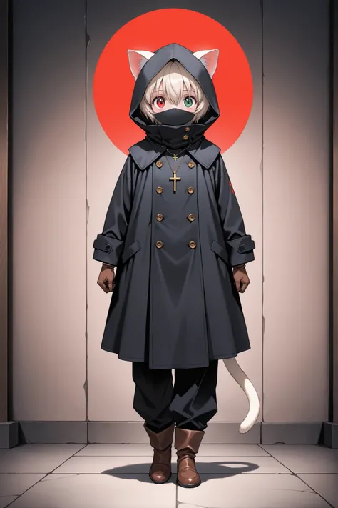 (masterpiece, detailed:1.2), 1girl, 1990s (style), animal ears, animal tail, black ninja mask, black coat, brown gloves, buttons, cat ears, cat girl, cat tail, coat, covered face, cross necklace, double-breasted, ears through headwear, eyes through shadow,...