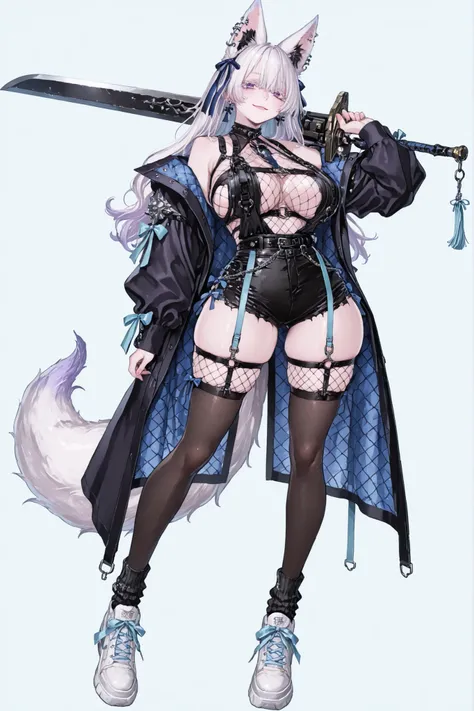  8k wallpaper、    top quality 、masterpiece,   748cm スThailandル   、sexy lacey black bralette with fishnet top beneath,   woman 1 person、ribbon、piercings and earrings on her ears,  black ripped punk shorts、 cute black oversized coat with puffy sleaves with ...