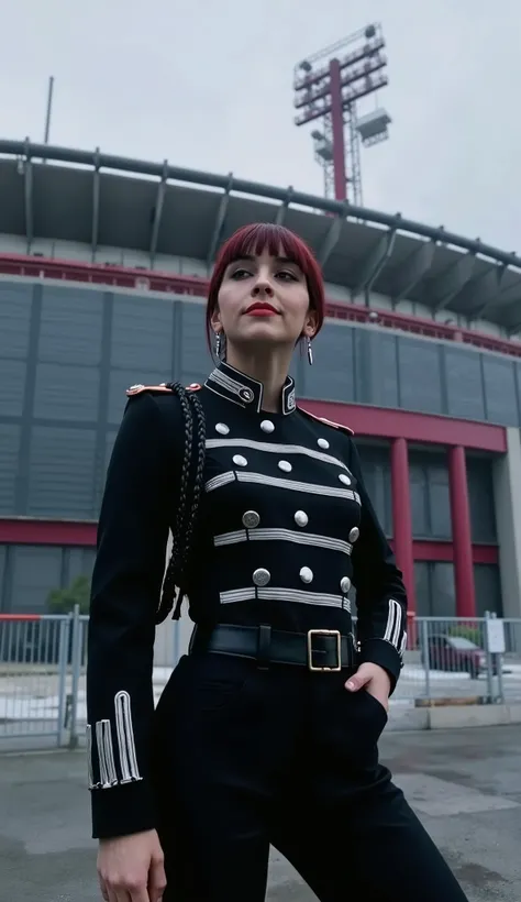 masterpiece, ultra-detailed 8K HDR, cinematic medium shot (waist to head) of a stunning female model standing before the Estadio Nacional de Lima, Peru. She wears a sharply tailored black military-style jacket: silver-white horizontal stripes across torso,...