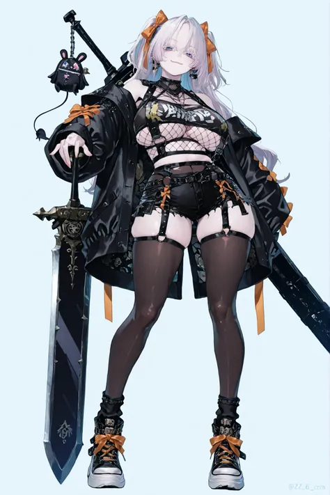   8k wallpaper、    top quality 、masterpiece,   748cm スThailandル   、sexy lacey black bralette with fishnet top beneath,   woman 1 person、ribbon、piercings and earrings on her ears,  black ripped punk shorts、 cute black oversized coat with puffy sleaves and o...